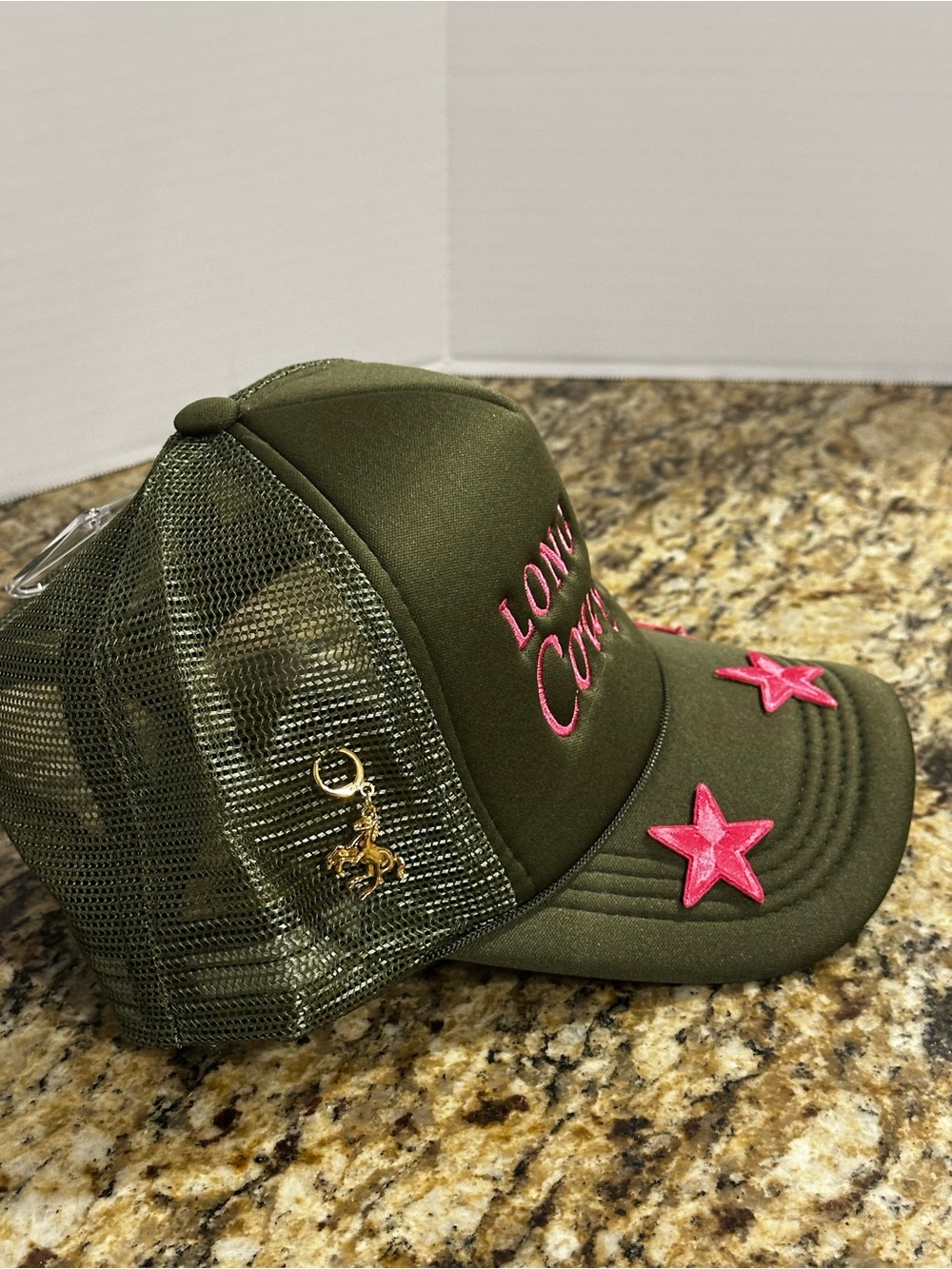 Long Live Cowgirls Olive Trucker Hat with Pink Stars and charms - Picture 3 of 8
